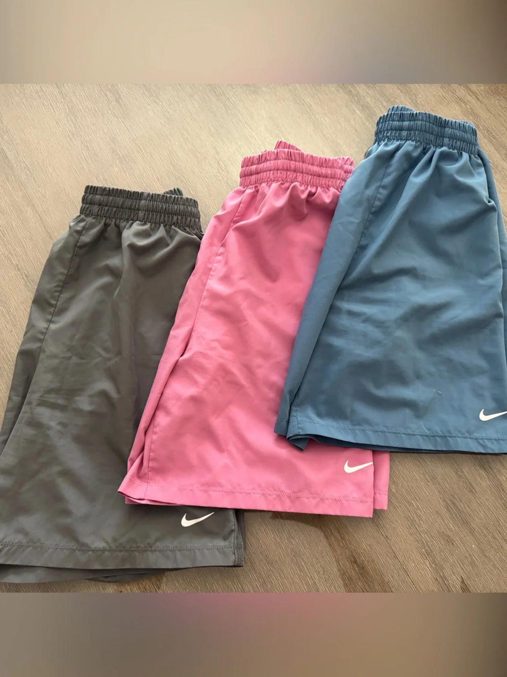 Nike Kids Athletic Shorts Trio — Pink, Blue, Gray